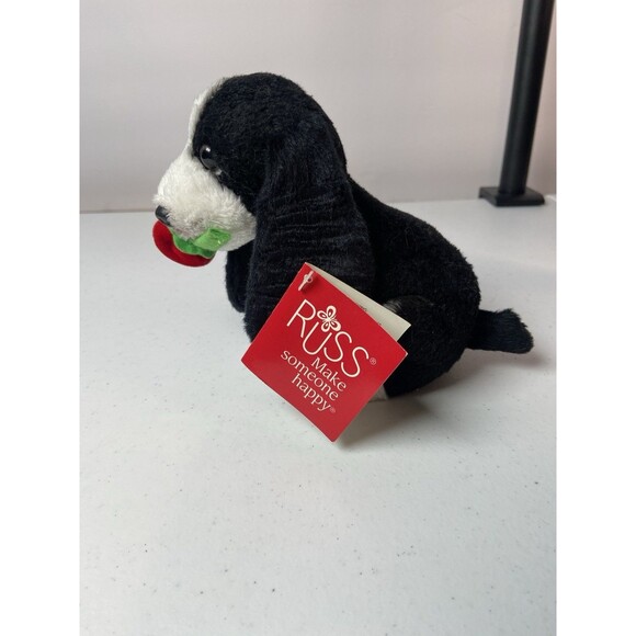 Russ Berrie 5” Black White Puppy Plush w/ Red Rose Small Valentine Gift Toy - Picture 11 of 16